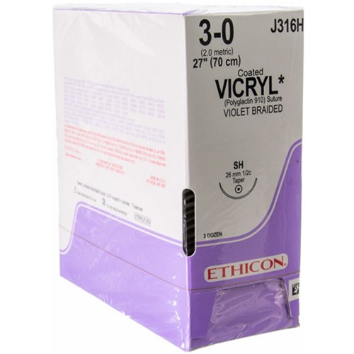 SUTURE Ethicon Vicryl 26mm 3/0 SH 1/2 circle taper point x 36